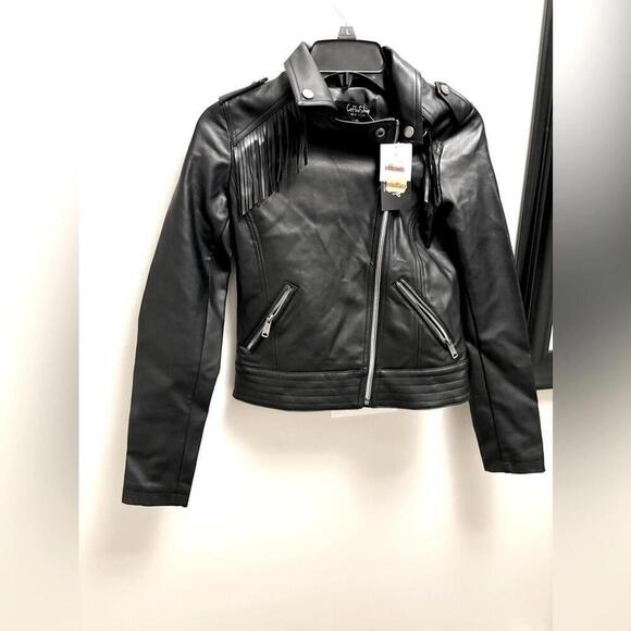 CoffeShop Juniors' Faux-Leather Fringe Moto Jacket size XS - Picture 2 of 9